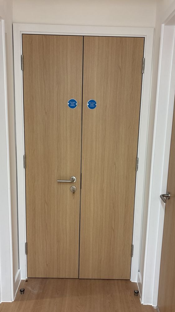 Pair of oak-veneer fire doors fitted at Reddam House